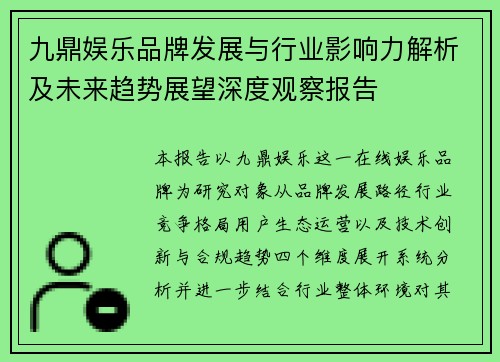 九鼎娱乐品牌发展与行业影响力解析及未来趋势展望深度观察报告
